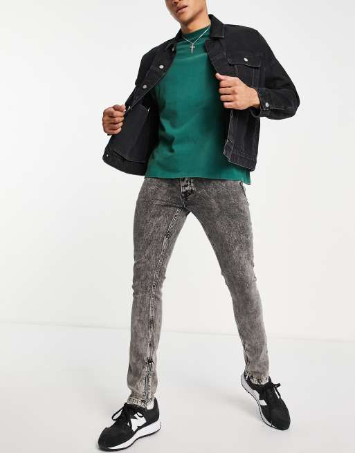 Topman stretch skinny stacked zip jeans in black acid wash , 3 of 4