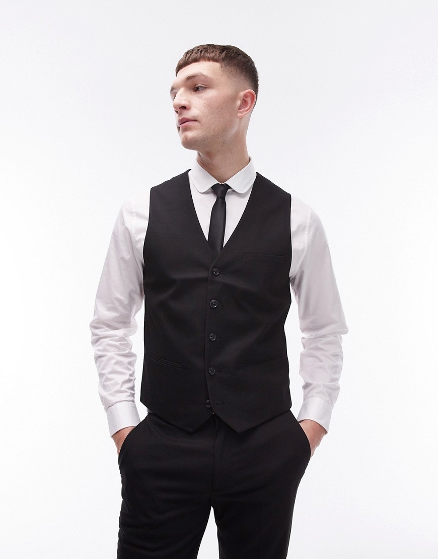 Topman Stretch Skinny Textured Suit Vest In Black