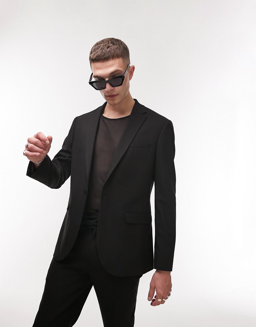 Topman stretch slim textured suit jacket in black
