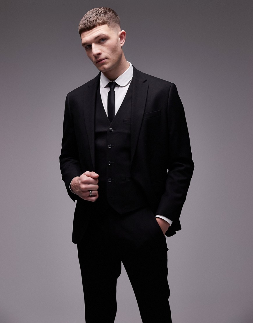 Topman Stretch Slim Textured Suit Jacket In Black