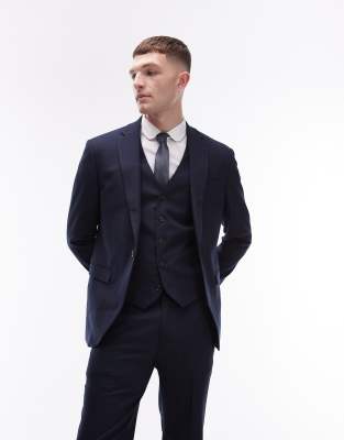 Topman Stretch Slim Textured Suit Pants In Navy