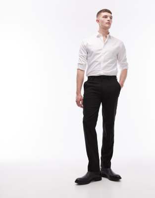 stretch slim textured suit pants in black