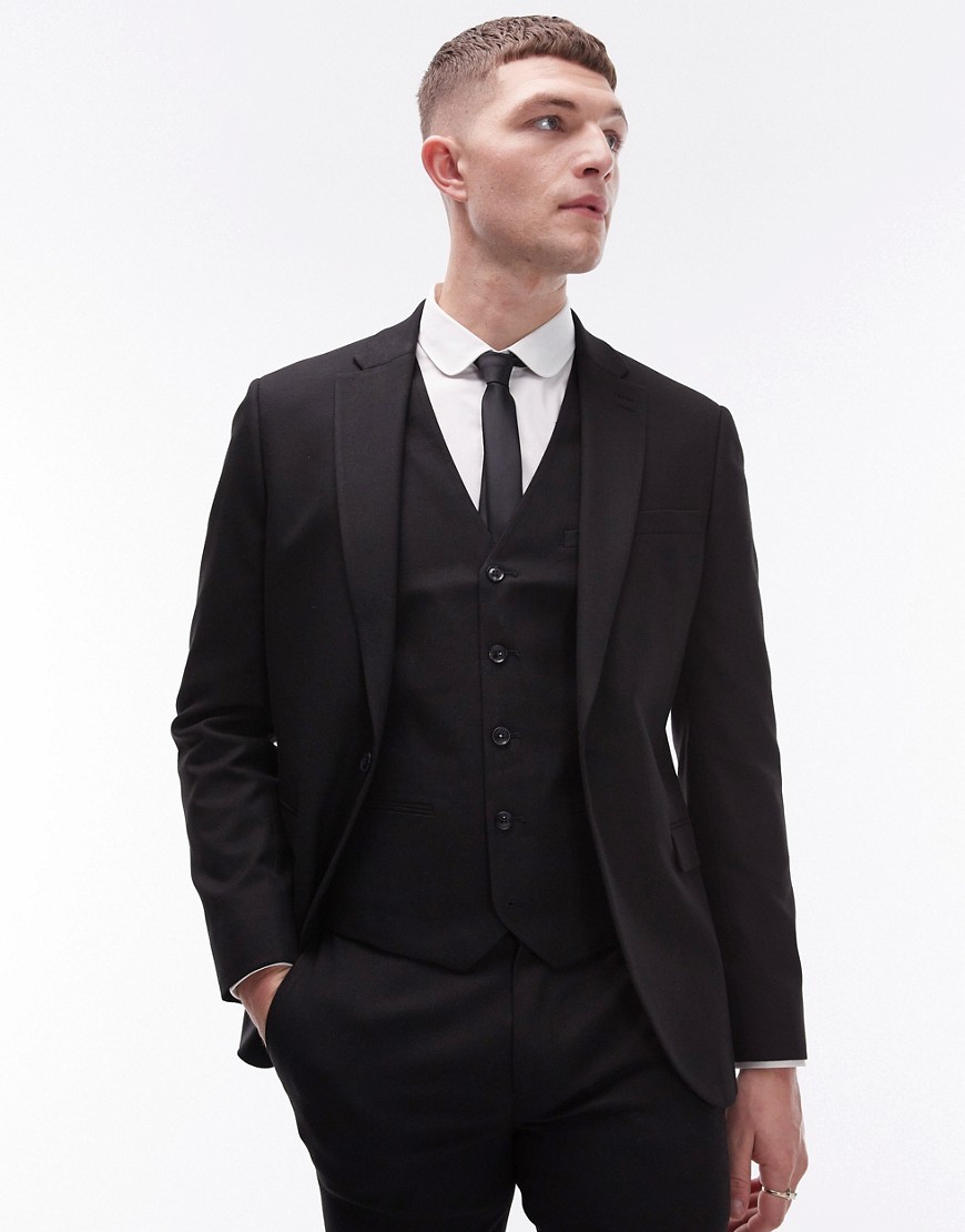 Topman Stretch Super Skinny Textured Suit Jacket In Black