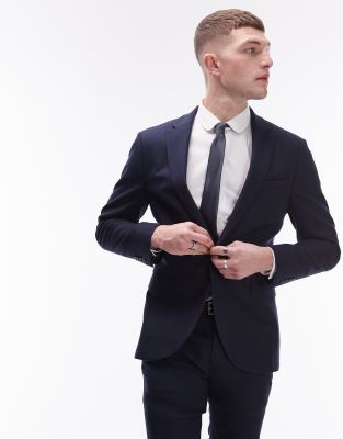 Topman Stretch Super Skinny Textured Suit Jacket In Navy