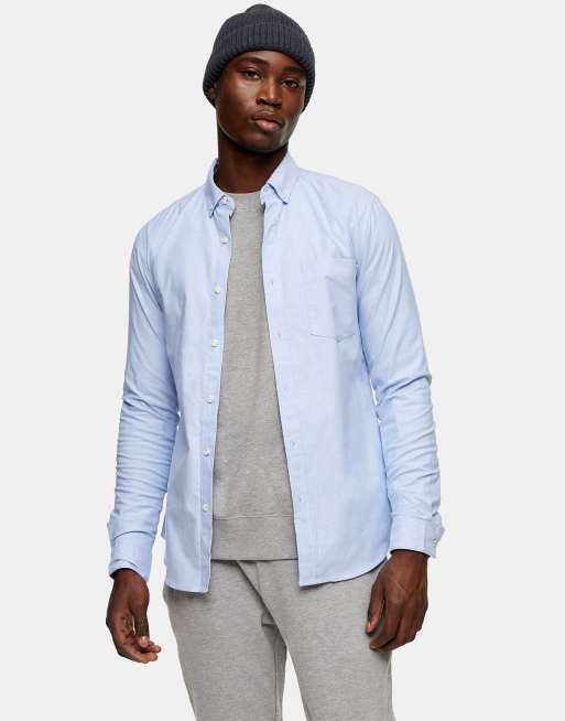 Topman stretch tab oxford shirt in blue