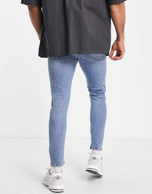 TOPMAN Straight Split Hem Rip Jeans in Blue for Men