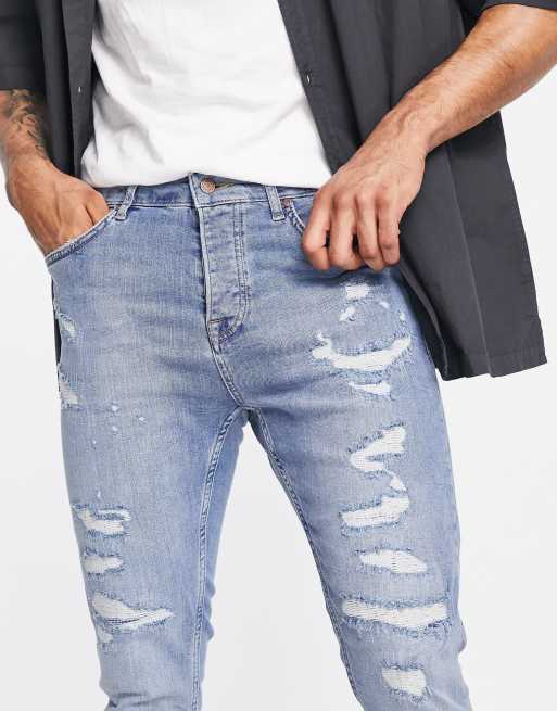 Distressed Rip & Repair Slim Tapered Denim Jeans - Lowell Blue –