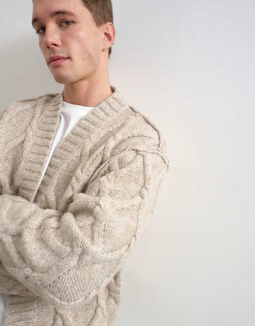 Topman Strick-Cardigan mit Zopfmuster im Relaxed Fit in Oatmeal, 3 von 9