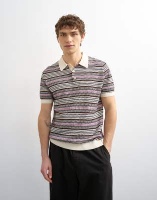 Strick-Polohemd in Creme mit Streifen und klassischem Schnitt-Bunt Bunt XL