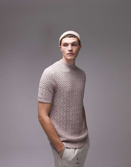 Topman – Strick-T-Shirt in Hellrosa mit geometrischem Muster