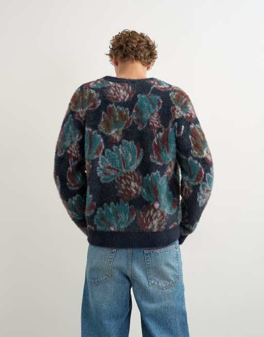 Topman Strickjacke im klassischen Schnitt mit flauschigem Blumenmuster in Marineblau, 3 von 5