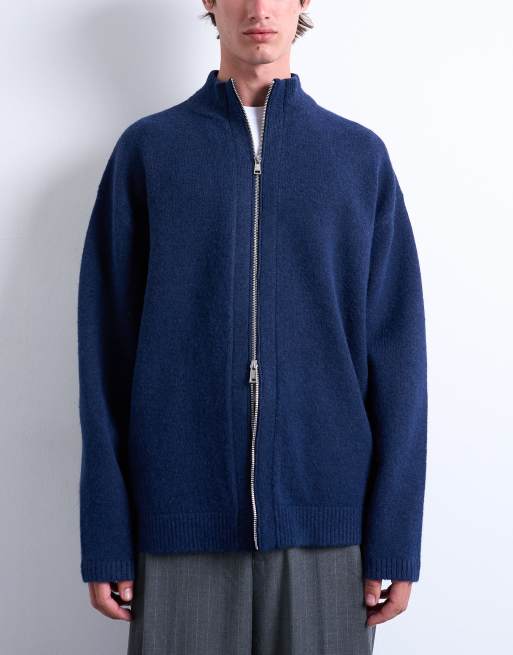 Topman – Strickjacke in Marineblau mit Doppel-Reißverschluss und Trichterkragen, 3 von 5