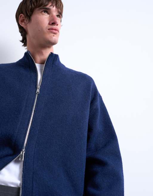 Topman – Strickjacke in Marineblau mit Doppel-Reißverschluss und Trichterkragen, 4 von 5