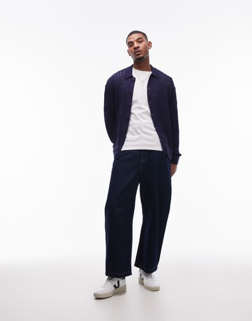 Topman – Strickjacke in Marineblau mit Leiterstich, 3 von 4