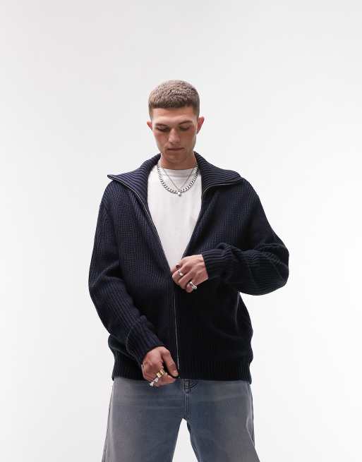 Topman – Strickjacke in Marineblau mit Reißverschluss