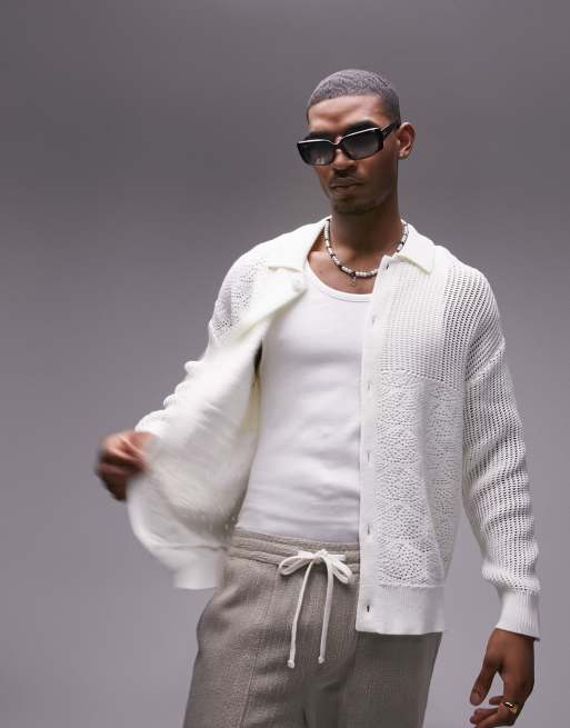 Topman – Strickjacke in Weiß mit verschiedenen Häkelmustern
