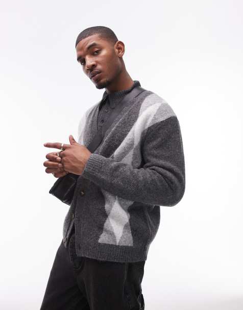 Topman – Strickjacke mit grau-weißem Argyle-Rautenmuster - view 1