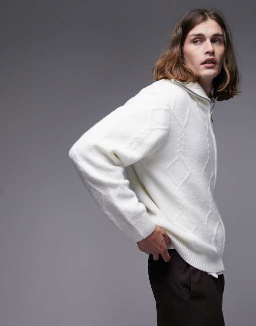 Topman – Strickpullover in Ecru mit Zopfmuster und durchgehendem Reißverschluss