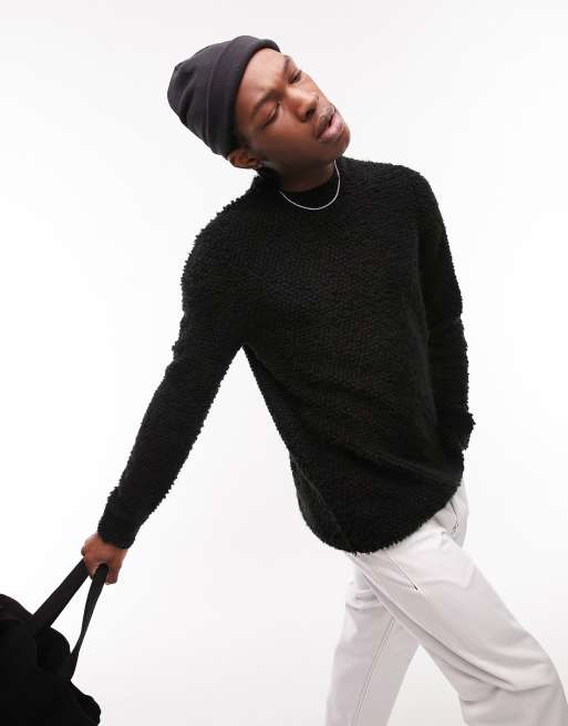Topman – Strickpullover in Schwarz mit Bouclé-Struktur und Rundhalsausschnitt