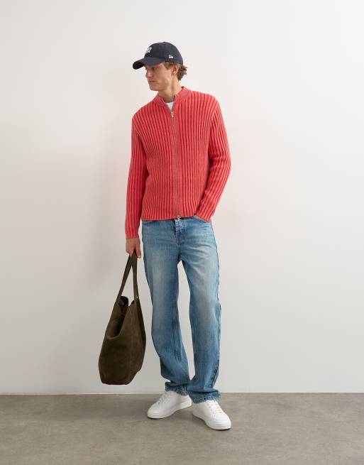 Topman Strickpullover mit durchgehendem Reißverschluss, klassischer Passform, grobem Rippstrick und verwaschenem Rot, 2 von 5
