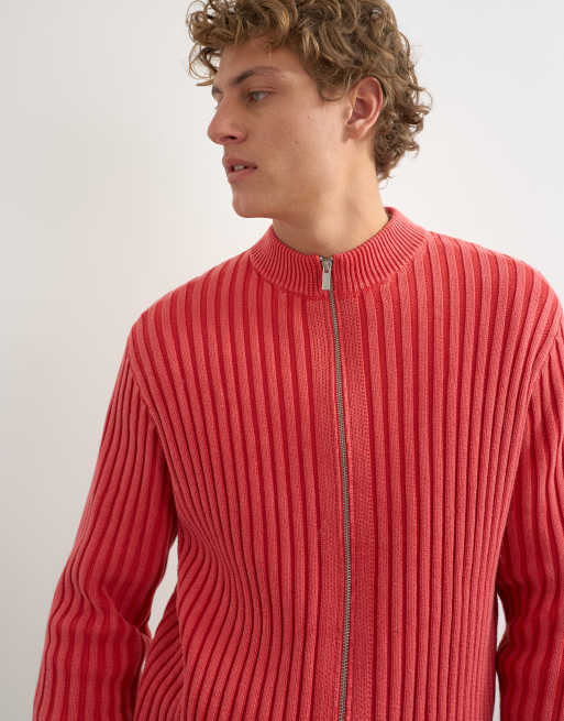 Topman Strickpullover mit durchgehendem Reißverschluss, klassischer Passform, grobem Rippstrick und verwaschenem Rot, 3 von 5