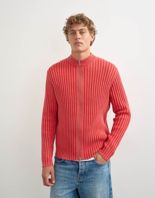 Topman Strickpullover mit durchgehendem Reißverschluss, klassischer Passform, grobem Rippstrick und verwaschenem Rot, 4 von 5