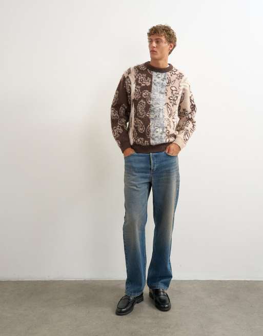 Topman Strickpullover mit Relaxed Fit und platziertem Paisley-Muster in Braun, 2 von 5