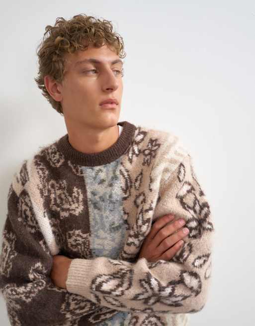 Topman Strickpullover mit Relaxed Fit und platziertem Paisley-Muster in Braun, 3 von 5