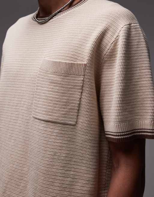 Topman - Strikket og beige T-shirt med kontrastkanter og -krave, 4 af 4