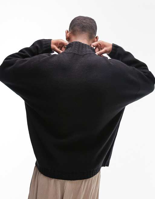 Topman - Strikket trøje med rullekrave med kabelstrikket detalje i sort, 4 af 4