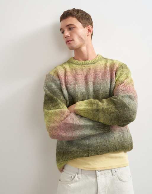 Topman striktrøje i relaxed fit med space dye og ternet design i grøn, 5 af 5