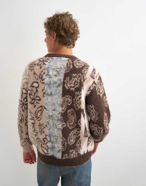 Topman striktrøje med afslappet pasform og placeret paisley-mønster i brun, 4 af 5