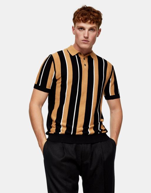 Topman stripe knitted polo in black and camel | ASOS