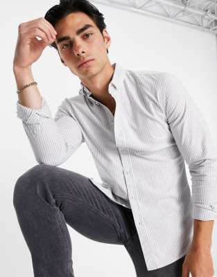 Topman Long Sleeve Stripe Oxford Shirt In Gray And White-multi In Grey