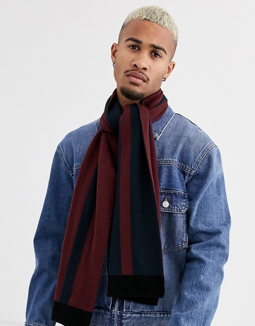 Topman stripe scarf in burgundy & navy