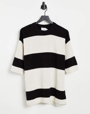 Topman striped knitted t-shirt in black and white