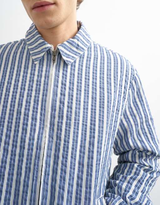 Topman striped textured Harrington jacket in blue, 5 of 5