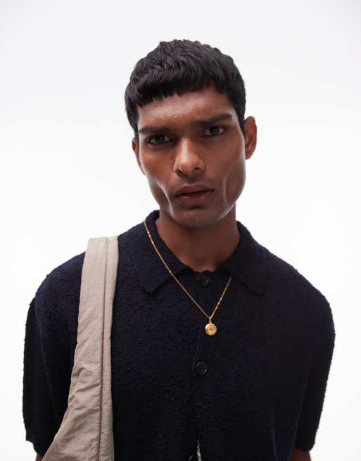 Topman – Strukturierter Strickpullover in Marineblau mit durchgehender Knopfleiste
