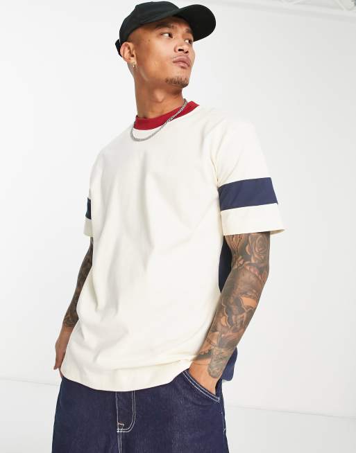 Topman – Strukturiertes Oversize-T-Shirt in Weiß mit Bahnendesign am Ärmel 