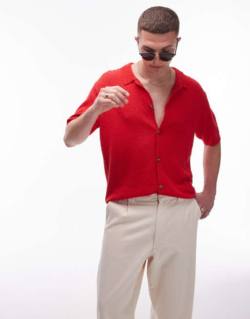 Topman – Strukturiertes Relaxed Fit Strickhemd in Rot mit Knopfleiste