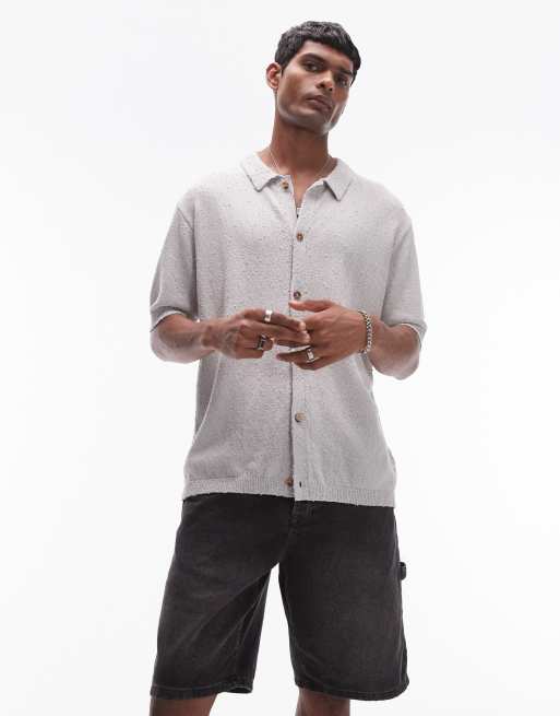 Topman – Strukturiertes Strickhemd in Grau mit Knopfleiste und lockerem Schnitt
