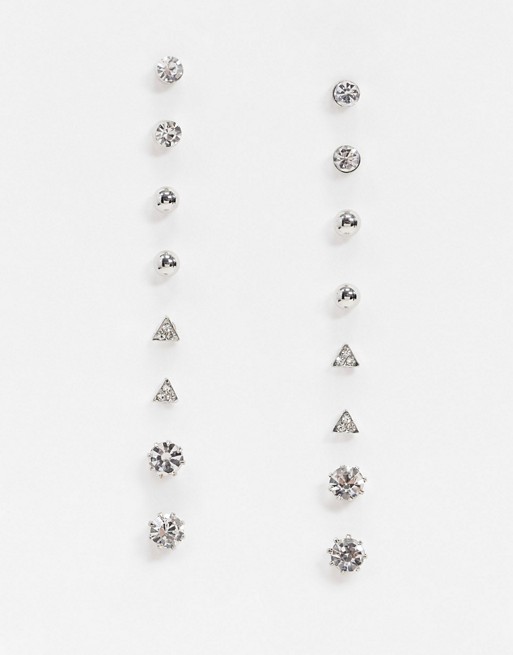 Topman stud earring 8 pack in silver with crystals