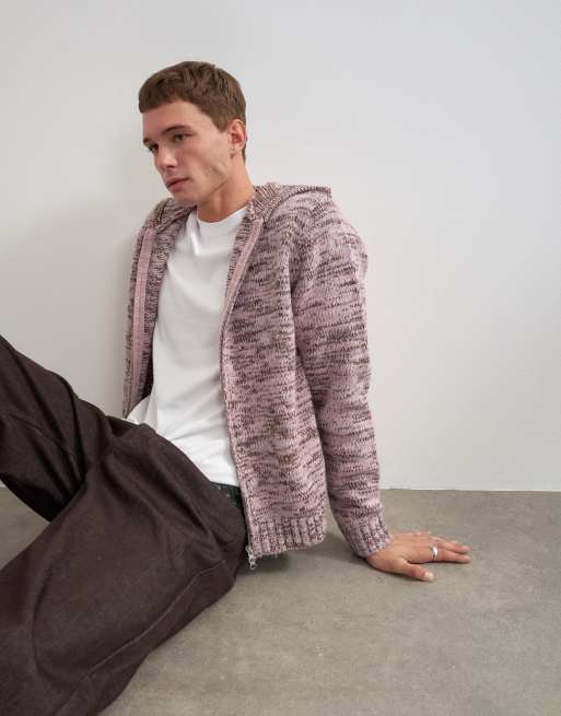 Topman sudadera con capucha de punto texturizado, corte holgado, con cierre de cremallera, rosa, 3 de 5