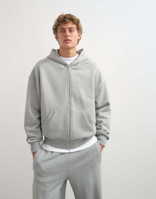 Topman premium heavyweight full side zip wide leg jogger and boxy fit hoodie in grey marl, 3 de 3