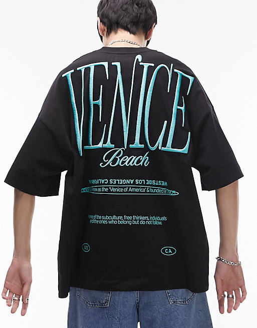ASOS auf „Venice“-Stickerei Schwarz Rückseite mit in | Super-Oversize-T-Shirt Vorder- und – Topman