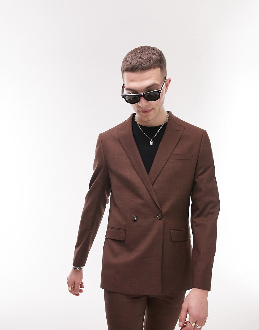 Topman super skinny double breasted one button suit jacket in brown