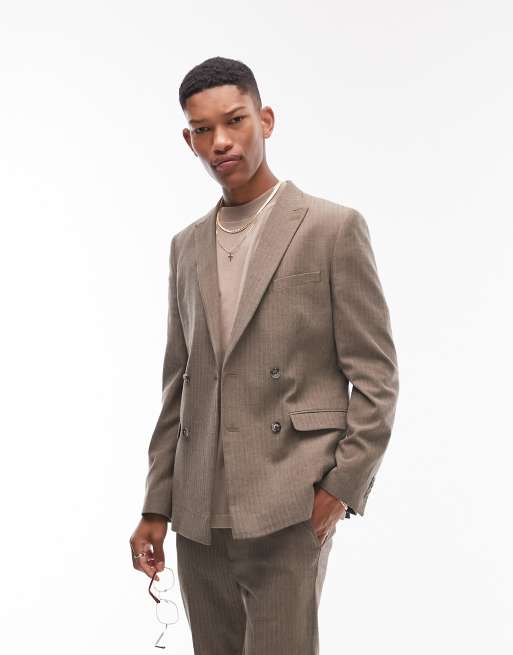 Topman super skinny herringbone double breasted suit jacket bomber in brown