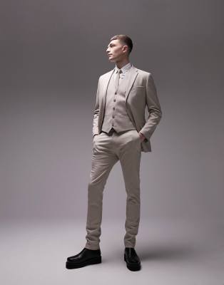super skinny herringbone texture suit pants in stone-Blue