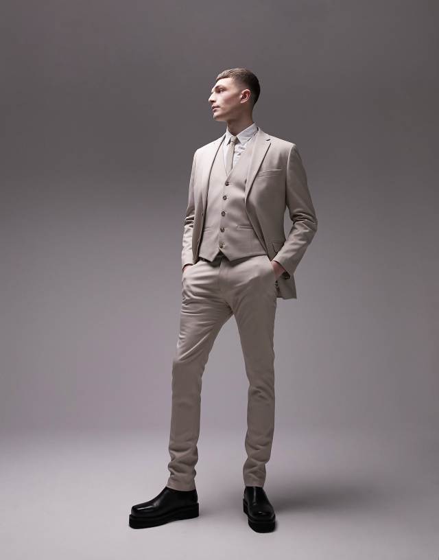 Topman - super skinny herringbone texture suit trousers in stone