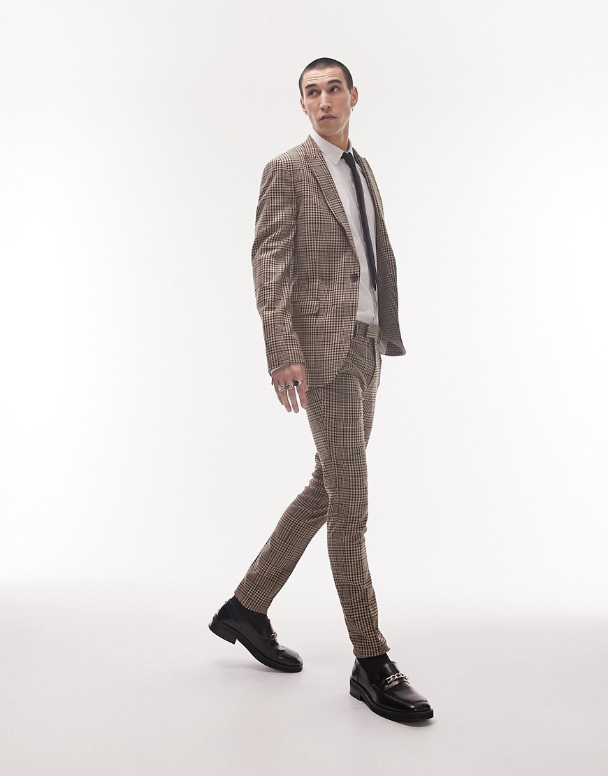 Topman super skinny neutral plaid suit pants in brown